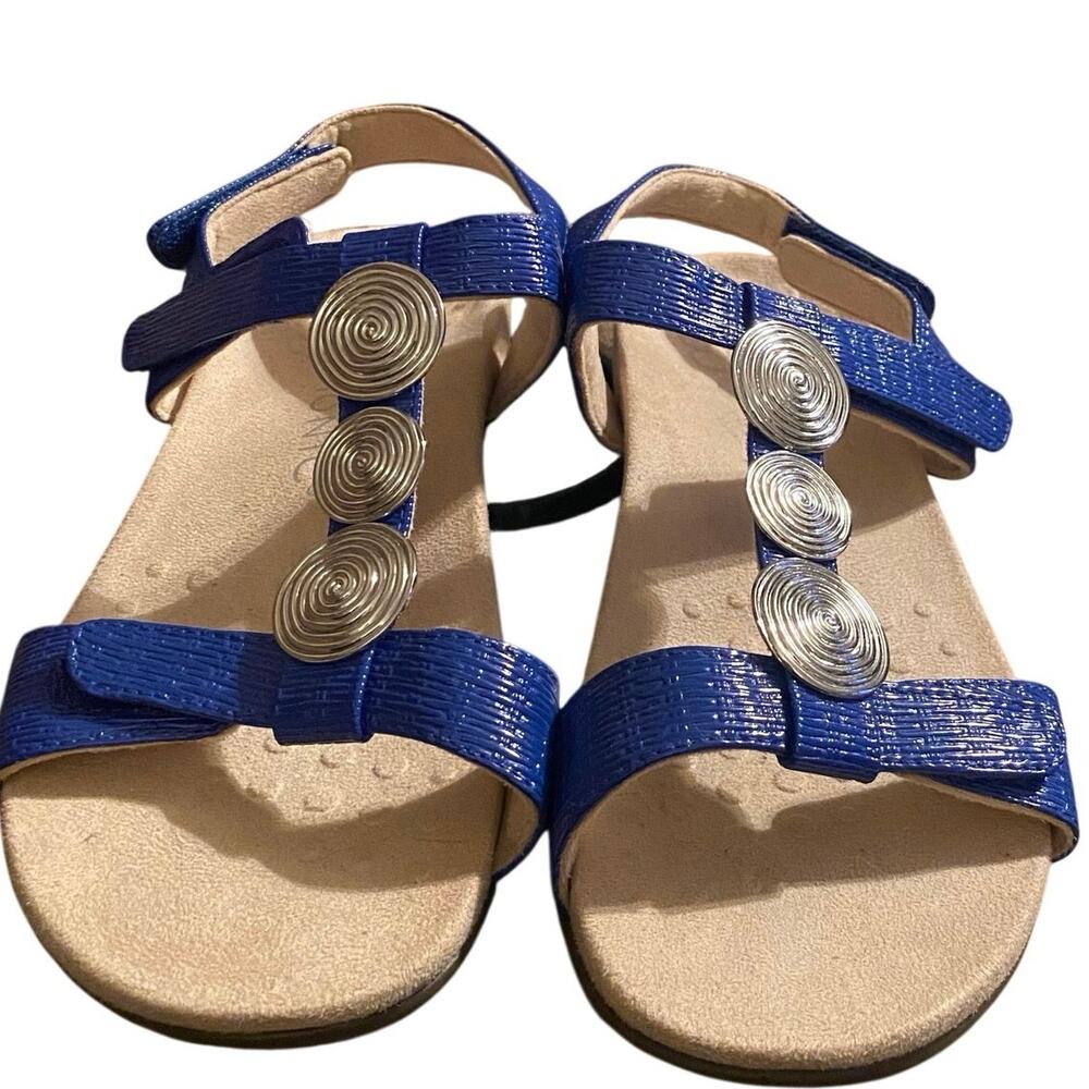 Vionic “Farra” Women’s T-Strap Hook & Loop Sandals, Cobalt Blue, 7, Faux Leather